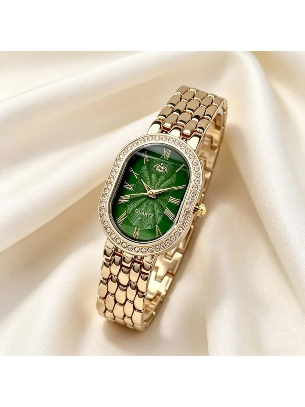 Women's Gold Strap Green Dial Oval Case Adjustable Stainless Steel Analog Watch